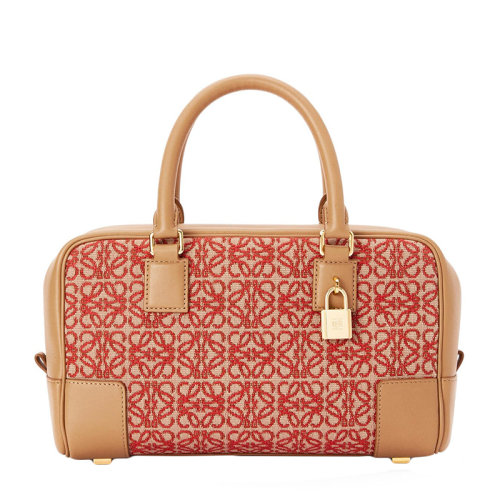 Loewe/羅意威 22春夏新款Amazona 23系列 女士紅色提花布和棕色牛皮革Anagram壓紋可手提斜挎單肩包 0010640720
