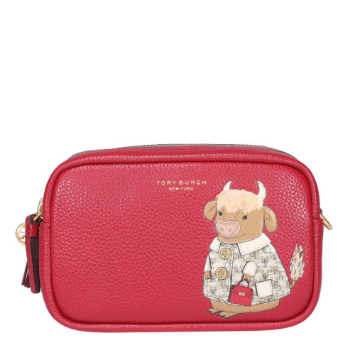 Tory Burch/湯麗柏琦 女士紅色小牛皮正面字母徽標(biāo)小牛圖案印花拉鏈開合單肩包斜挎包手拿包錢包女包 78482-610