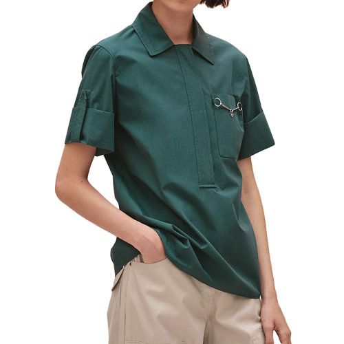 HERMES/愛馬仕 22年春夏新款 女士翡翠綠色純棉防水府綢Polo風格的開襟短袖襯衫H2E0607DJ6Y36