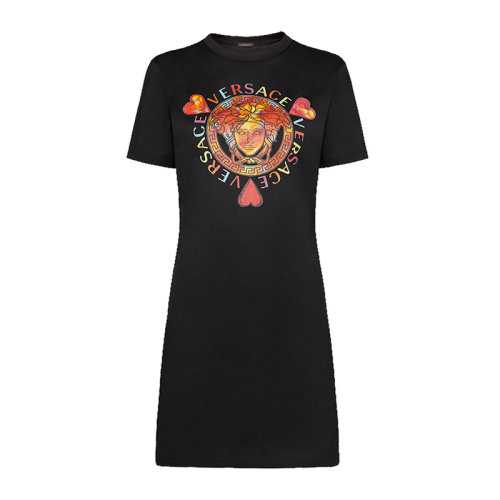 VERSACE/范思哲 女士黑色棉質經典彩色字母徽標美杜莎頭像裝飾長款短袖T恤連衣裙 A83863-A201952-A1008