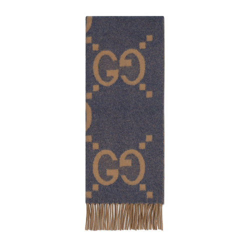 GUCCI/古馳新款 男女同款藍色和米色GG山羊絨提花圍巾6742754GABX4279