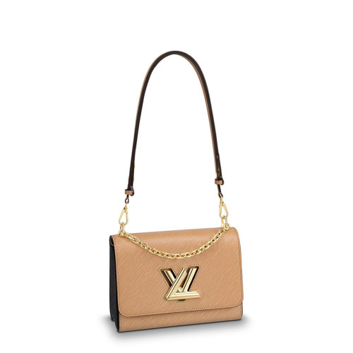 Louis Vuitton/路易威登 經(jīng)典款TWIST系列 女士中號(hào)駱駝色水波紋牛皮革旋轉(zhuǎn)徽標(biāo)金扣翻蓋開(kāi)合單肩斜挎鏈條包M51884