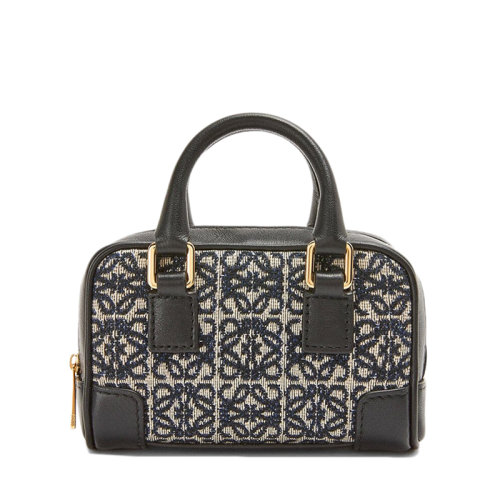 LOEWE/羅意威 Amazona系列 女士Nano款黑色海軍藍色徽標提花織物配皮束帶單肩斜挎手提包0010642577