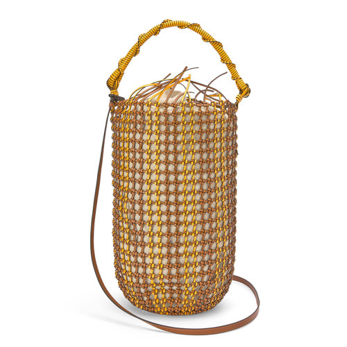 LOEWE/羅意威  Bucket Mesh系列 女士棕褐色/黃色編織網眼小牛皮可拆卸肩帶水桶單肩斜挎包0010574986