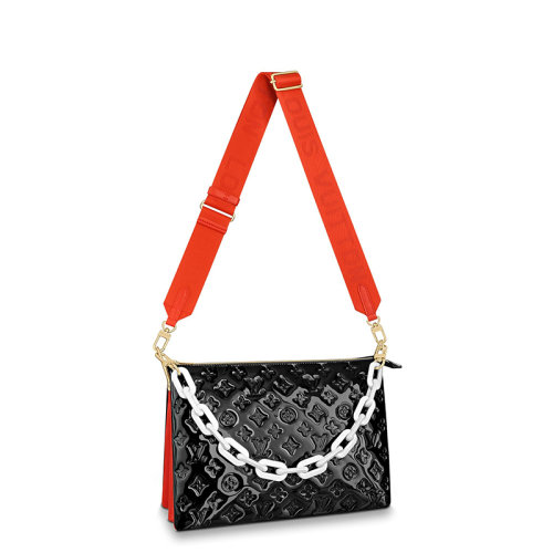 Louis Vuitton/路易威登 22春夏新款COUSSIN系列 女士中號黑色/橘紅色漆面牛皮革羊皮革襯料老花壓印白色鏈條配可拆卸肩帶單肩斜挎手提鏈條包M20369