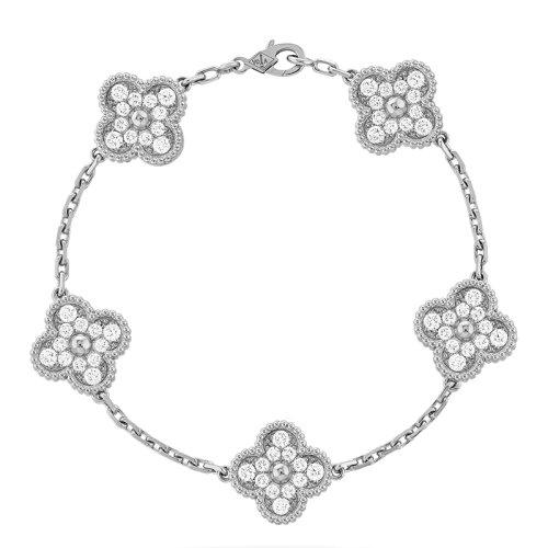 Van Cleef & Arpels/梵克雅寶 經典Vintage Alhambra系列 18k金白金鑲鉆5四葉草手鏈VCARA41500