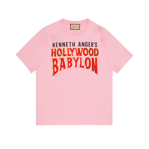 GUCCI/古馳 22年春夏新款 愛的進行曲系列 男女同款粉色純棉Hollywood Babylo印花短袖T恤