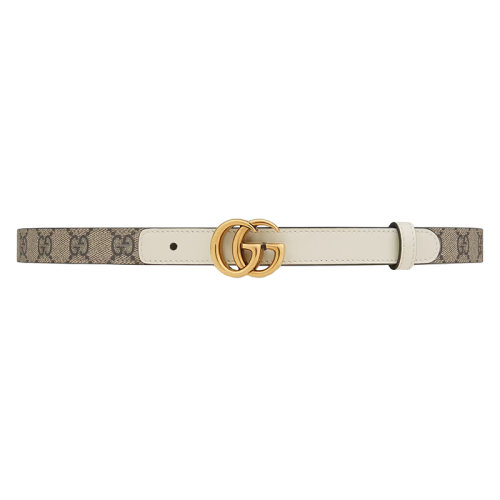 GUCCI/古馳 22年春夏新款 女士米色/烏木色老花印花帆布拼白色皮革做舊金色雙G扣窄版腰帶20毫米40941792TLC9761