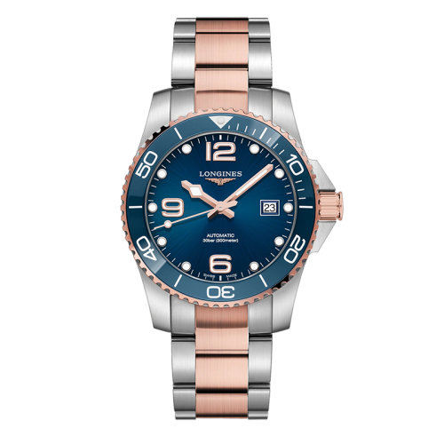 LONGINES/浪琴 康卡斯?jié)撍盗?男女同款精鋼表殼深藍(lán)色表盤精鋼紅色鍍金表帶自動機(jī)械機(jī)芯防反光藍(lán)寶石鏡面41毫米手表L3.781.3.98.7