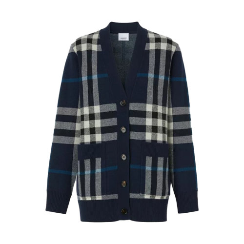 BURBERRY/博柏利 女士煤灰色羊毛/羊絨混紡格紋提花圖案水牛角紐扣開(kāi)合廓形開(kāi)衫80590881