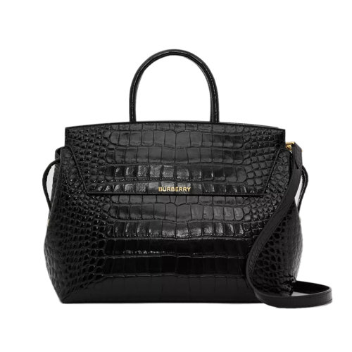 BURBERRY/博柏利 22新款 Catherine系列 女士中號黑色鱷魚紋壓紋皮革金色徽標壓花翻蓋拉鏈開合調節皮革肩帶單肩斜挎包80619431