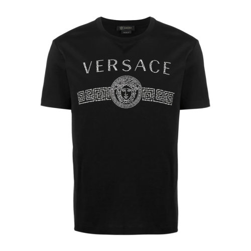 VERSACE/范思哲 女士黑色棉質(zhì)經(jīng)典字母徽標(biāo)美杜莎頭像印花裝飾圓領(lǐng)短袖上衣T恤 A85941-A228806-A1008