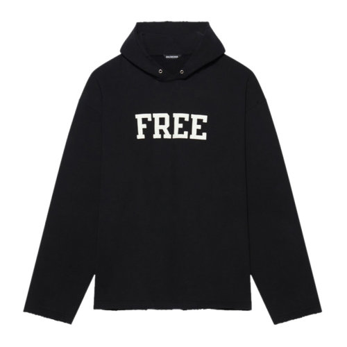 Balenciaga/巴黎世家 FREE系列中號女士黑色棉質經典字母徽標印花裝飾破洞下擺落肩抓絨衛衣上衣連帽衫運動衫 661711-TKVD4-1070