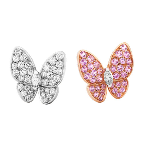 Van Cleef & Arpels/梵克雅寶 經典Deux Papillons系列 18k金白金鑲嵌鉆石18k金玫瑰金鑲嵌粉色藍寶石蝴蝶耳釘VCARO3M600