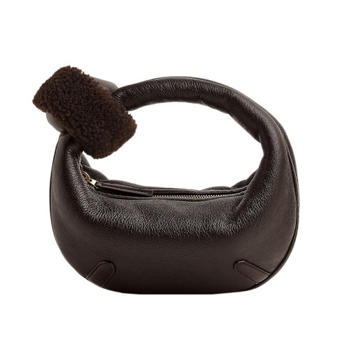 Bottega Veneta/葆蝶家 22新款 女士迷你深棕色剪羊毛配羔羊皮黃銅飾面拉鏈開合手提包717511V2GR12206