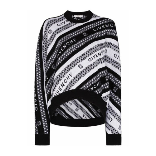 Givenchy/紀(jì)梵希 女士黑白拼色羊毛經(jīng)典字母徽標(biāo)嵌花裝飾圓領(lǐng)長袖上衣毛衣針織衫套頭衫 BW90CE4Z7J-004