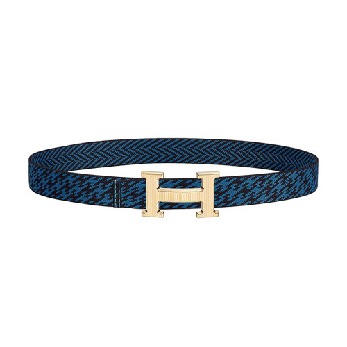 HERMES/愛馬仕 H & Sangle 米科諾斯/午夜藍(lán)小牛皮 條紋金屬鍍金皮帶扣 男士皮帶32毫米H064550CC06/H081102UAABM