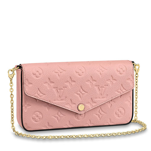 Louis Vuitton/路易威登 22春夏新款FéLICIE系列 女士櫻花粉色老花壓紋軟粒面牛皮革金扣金鏈配可拆卸貼袋翻蓋開合斜跨手拿鏈條信封包M67856