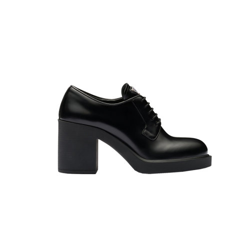 PRADA/普拉達(dá) 22年新款 女士黑色皮革飾有金屬三角標(biāo)志圓形打蠟鞋帶橡膠鞋底高跟樂(lè)福鞋1E976M_055_F0002_F_085