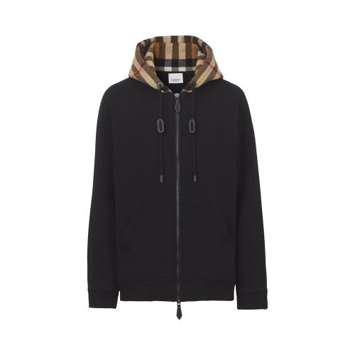 BURBERRY/博柏利 男士黑色棉質混紡滌綸經典格紋衛衣連帽衫 8048026