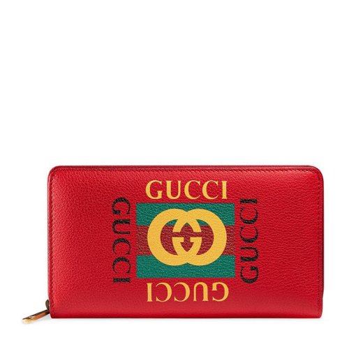 GUCCI 古馳  女士紅色小牛皮LOGO標(biāo)識(shí)時(shí)尚長(zhǎng)款拉鏈錢包