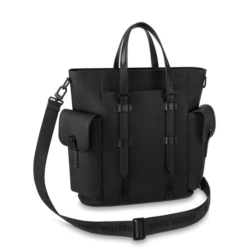 Louis Vuitton/路易威登 經典款CHRISTOPHER TOTE系列 男士黑色紋理牛皮革徽標壓印配可拆卸肩帶斜跨單肩手提托特包M58479