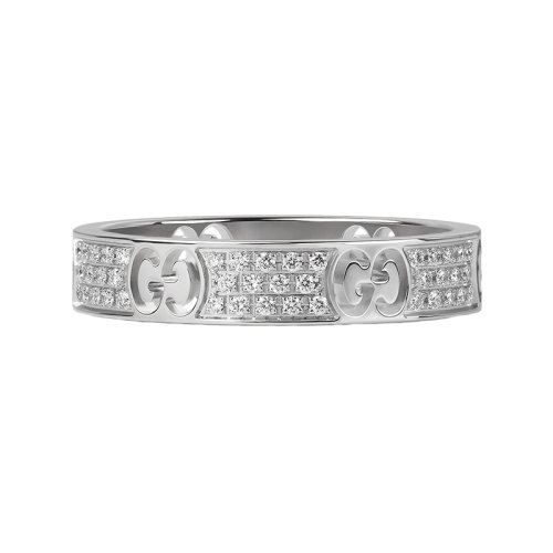 GUCCI/古馳 Icon系列 GG鏤空窄版鑲有鉆石18K金白金戒指 163043J85409066