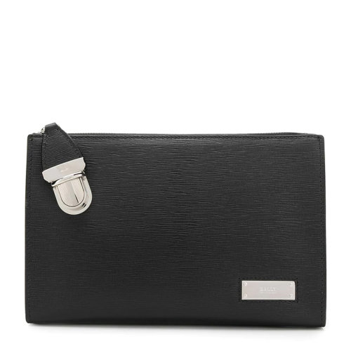BALLY/巴利 BANNER系列男士黑色小牛皮金屬字母徽標裝飾拉鏈搭扣開合手拿包公文包男包 6222746