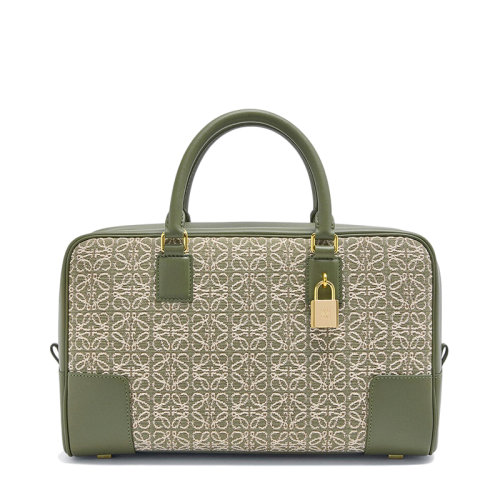 LOEWE/羅意威 21新款Amazona 28系列 女士綠色鱷梨綠色徽標提花織物小牛皮飾邊金屬掛鎖單肩斜挎手提包0010623445