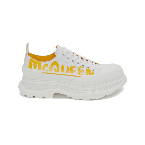 Alexander McQueen/亞歷山大麥昆 22年秋冬新款 Tread Slick系列 男士白色/黃色牛皮革撞色McQueen Graffiti印花系帶鞋運動鞋711108WIAT694