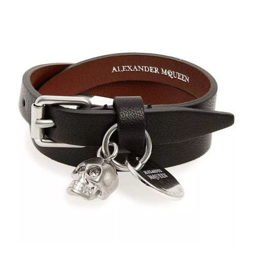 Alexander McQueen/亞歷山大麥昆 男女同款 黑色皮革骷髏頭時尚手鏈 630990ASD0N1000