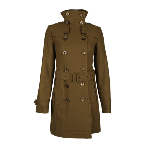 Burberry/博柏利 女裝 服飾 橄欖綠羊毛混紡長款雙排扣立領設計修身外套毛呢女士大衣