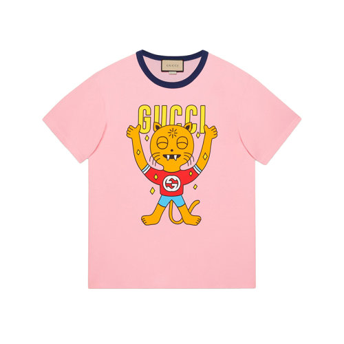 GUCCI/古馳 22年秋冬新款 愛的進行曲系列 男士粉色純棉小貓印花短袖T恤703439XJEI35904