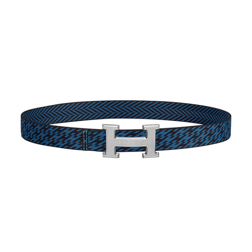 HERMES/愛馬仕 H系列 午夜藍色H條紋織布 男士銀扣皮帶32毫米H064540CK05 | H081102UAABM