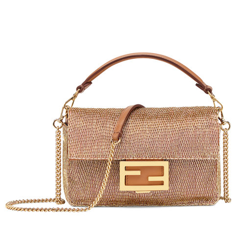 FENDI/芬迪 20 BAGUETTE系列 棕色亮片織物拼接小牛皮經典法棍手提斜挎包 8BS017A9PWF1A46