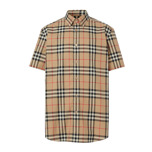 BURBERRY/博柏利 短袖格紋棉府綢襯衫 男士短袖襯衫80208691