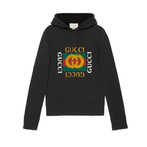 GUCCI/古馳 男士黑色Gucci標識超大造型連帽衛衣