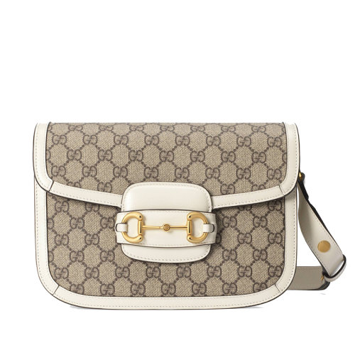  GUCCI/古馳 20 1955系列 經典老花帆布拼接白色皮革飾馬蹄扣單肩包 60220492TCG
