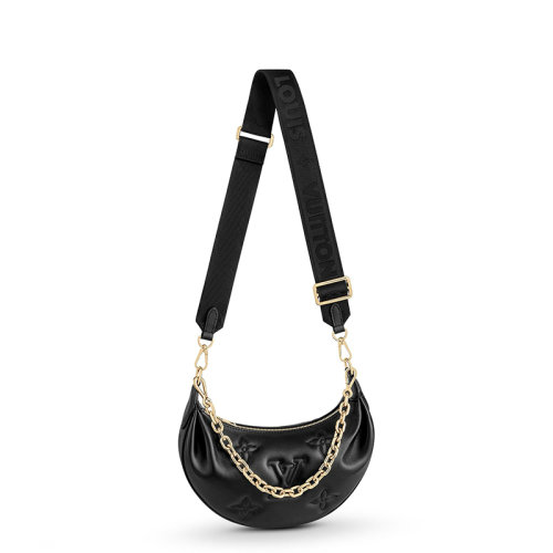 Louis Vuitton/路易威登 22春夏新款Over The Moon系列 女士黑色老花壓紋牛皮革金扣金鏈單肩斜挎手提月亮包M59799