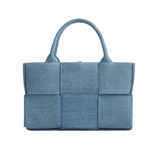 Bottega Veneta/葆蝶家 22新款 女士迷你靛藍水洗褪色牛仔布飾Intreccio圖案銀色飾面拆卸肩帶拆卸拉鏈內袋托特包714613V2A014948