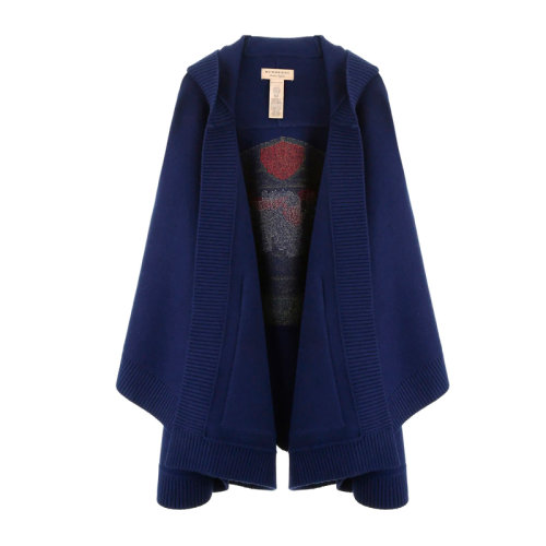 BURBERRY/博柏利 女士藍色羊毛羊絨混紡字母徽標經典戰馬麥穗刺繡連帽圍巾圍脖斗篷披肩 8007213