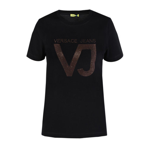 VERSACE JEANS/范思哲牛仔 女士黑色棉質(zhì)經(jīng)典字母徽標(biāo)印花裝飾圓領(lǐng)短袖上衣T恤 B2HRB7G1-36272-899