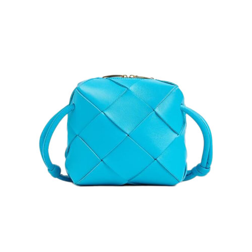 Bottega Veneta/葆蝶家 22新款 女士迷你藍(lán)色羔羊皮編織圖案拉鏈開(kāi)合金色飾面單肩相機(jī)包701915VCQC24619