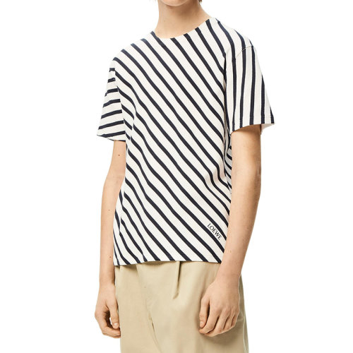 LOEWE/羅意威 22年秋冬新款 男士白色/海軍藍(lán)色棉質(zhì)混紡斜條紋印花T恤H526Y22X29-4933