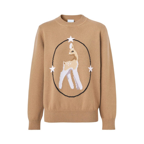 BURBERRY/博柏利 女士米色羊毛混紡羊絨小鹿圖案印花裝飾圓領長袖毛衣針織衫 8048459