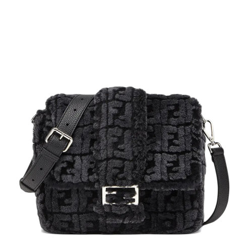 FENDI/芬迪  BAGUETTE系列 女士中號深灰黑色FF圖案羊毛配皮單肩斜挎郵差包7VA537AG0SF1481