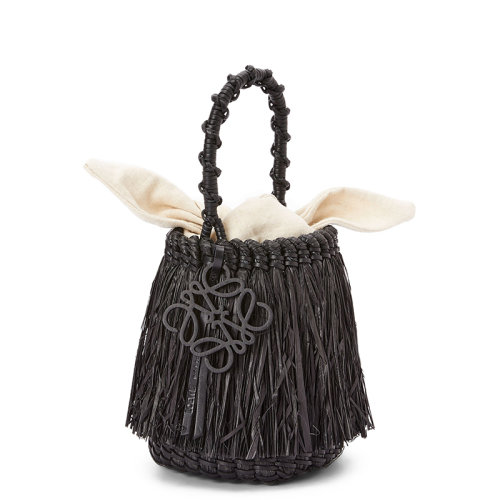 LOEWE/羅意威 22新款Fringe Bucket系列 女士黑色編織物配皮飾黑色徽標吊飾白色帆布內袋單肩手提水桶包A329W68X02-1100