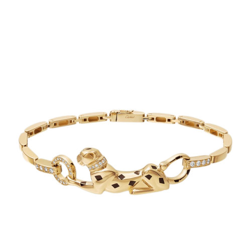 CARTIER/卡地亞 經典PANTHèRE系列 18K金黃金鑲鉆黑漆點綴沙弗萊石榴石縞瑪瑙獵豹手鏈N6036700