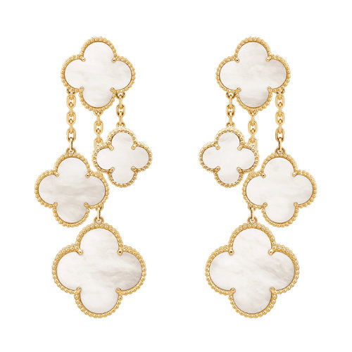 Van Cleef & Arpels/梵克雅寶 經典Magic Alhambra系列 18k金黃金白色珍珠母貝4四葉草耳墜耳環VCARD78900