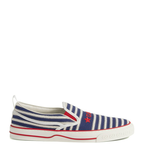 GUCCI/古馳 22年春夏新款 Tennis 1977系列 男士藍色/米白色棉質條紋印花運動鞋帆布鞋6434899ARX04260